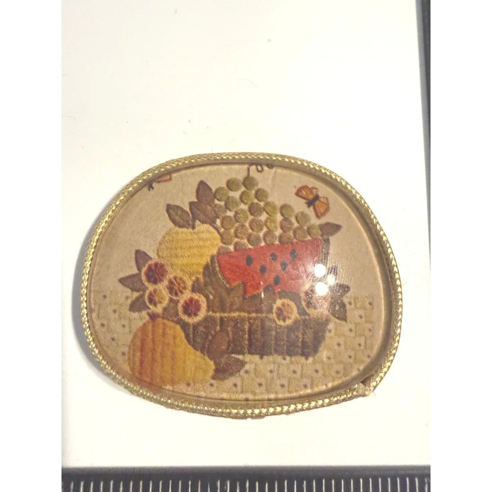 Vintage Fruit Basket Brooch Gold‎ Tone Oval Watermelon Grapes Kitsch Pin